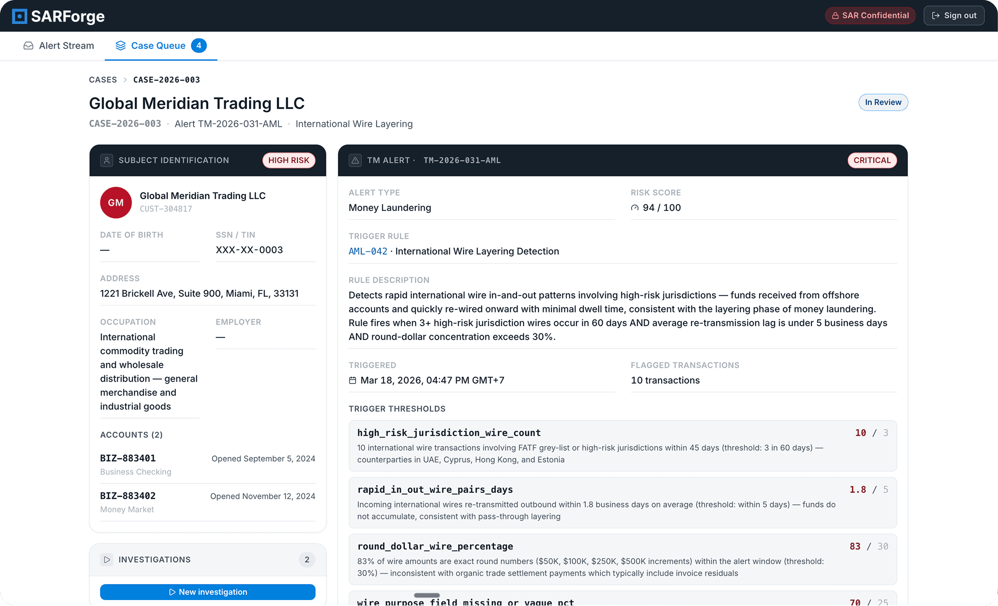 SARForge dashboard — case queue and investigation workspace