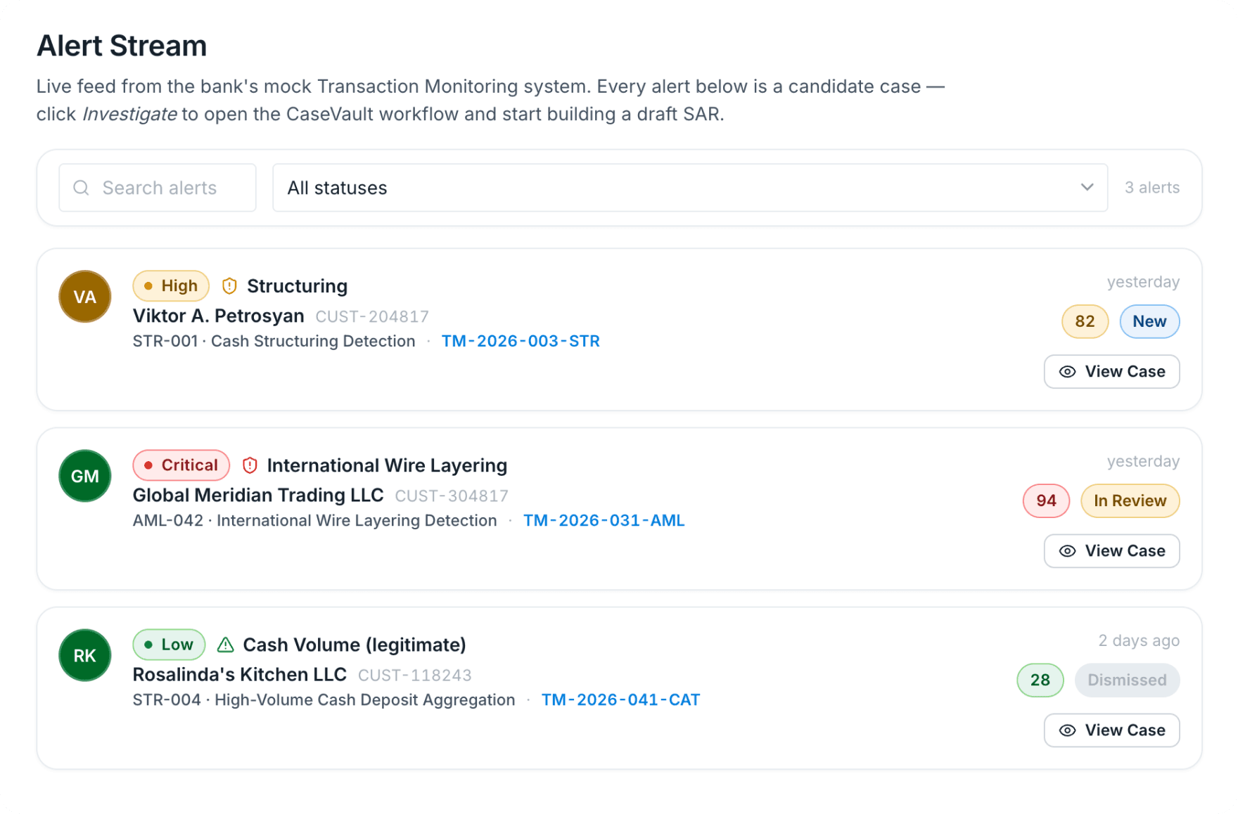 SARForge alert stream — active investigations queue
